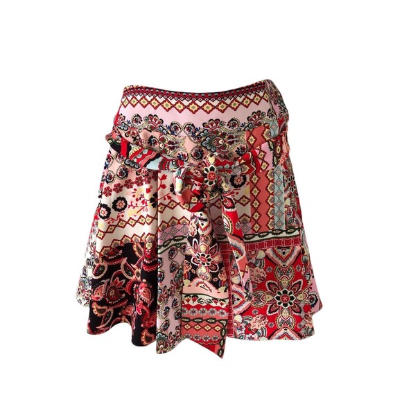 Alice + Olivia Helina Patchwork Floral Mini Skirt Multicolor Front Tie Size 4 - Picture 2 of 14